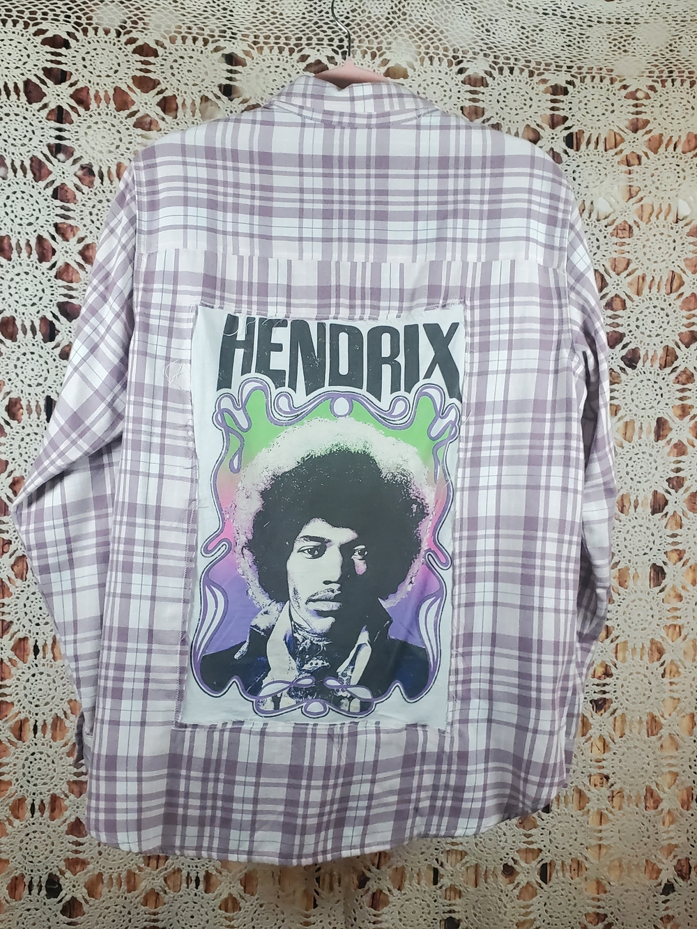Upcycled Jachs Lavender and White Plaid/Jimi Hendrix Button-Down Shirt